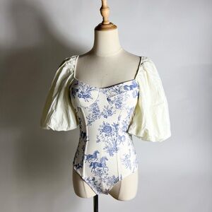 NWT FREE PEOPLE Prairie Rose Toile Puff Sleeve Open Back Bodysuit XS